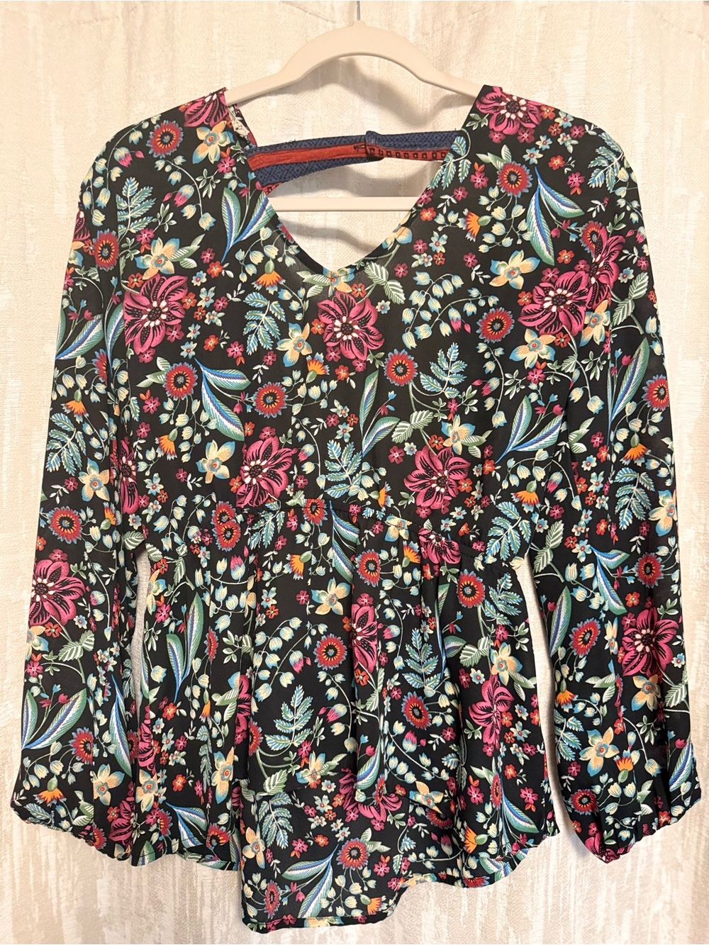 Black Floral V-Neck Peplum Blouse - Pink & Teal Flowers